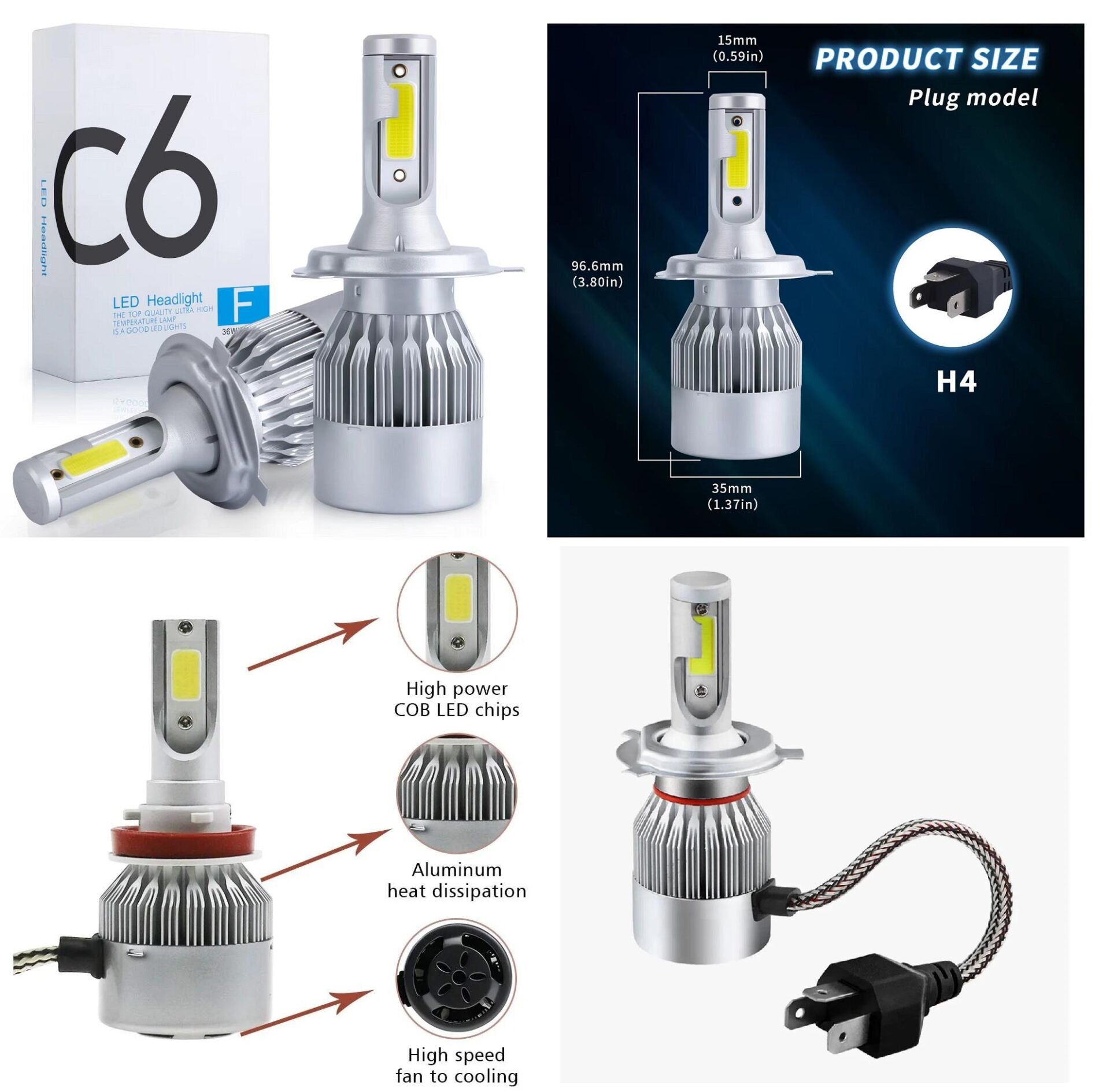 C6 H4 Xenon Led Ampül Beyaz 2 Li 36W 3800Lm Turbo Fan