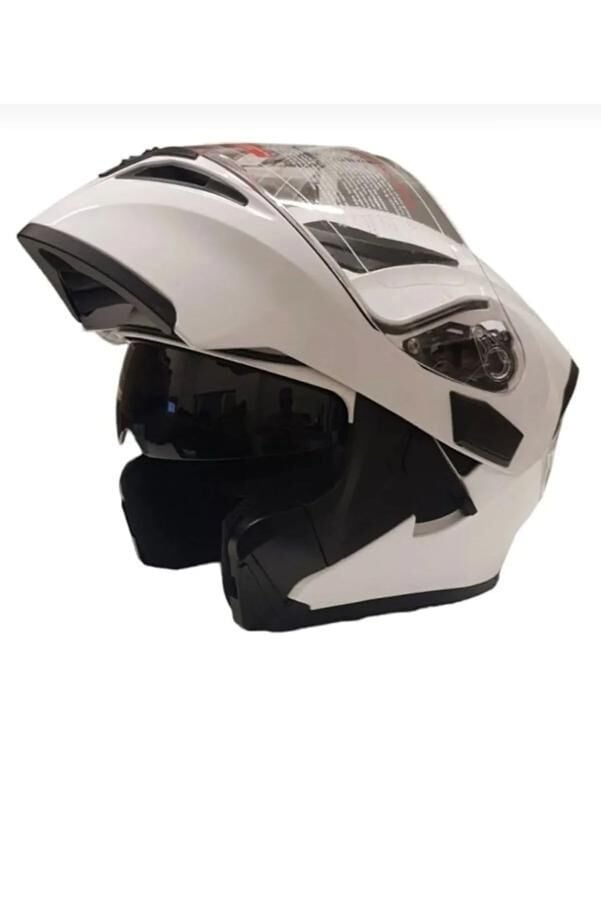 Jk 902 Beyaz Mat Siyah Güneş Vizörlü Çene Pedli [H-3] Çene Açılır Kask
