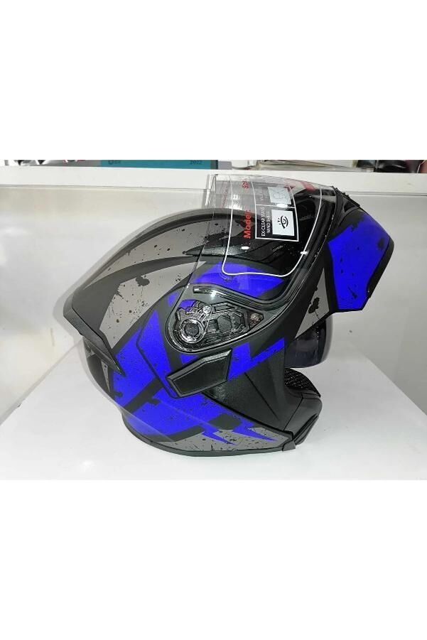 Jk 902 Mat Mavi Mat Siyah Güneş Vizörlü Çene Pedli [D-1] Çene Açılır Kask