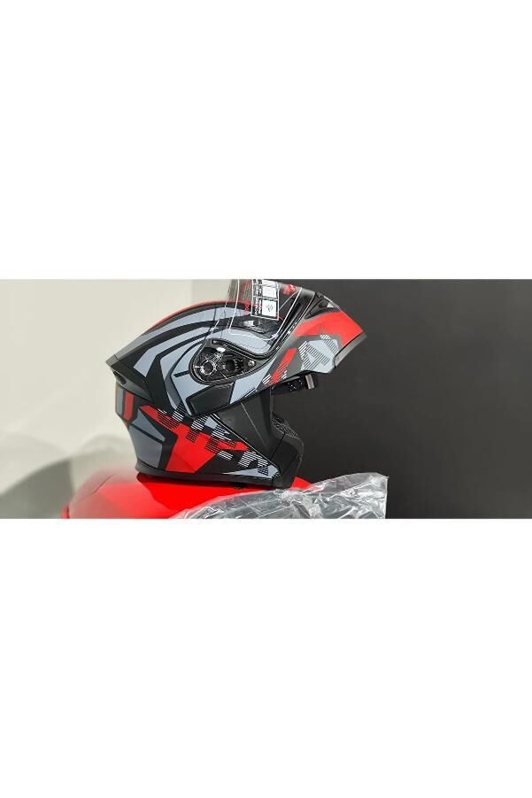 Jk 902 Mat Kırmızı-Nargo Gri Güneş Vizörlü Çene Pedli [H-1Red] Çene Açılır Kask