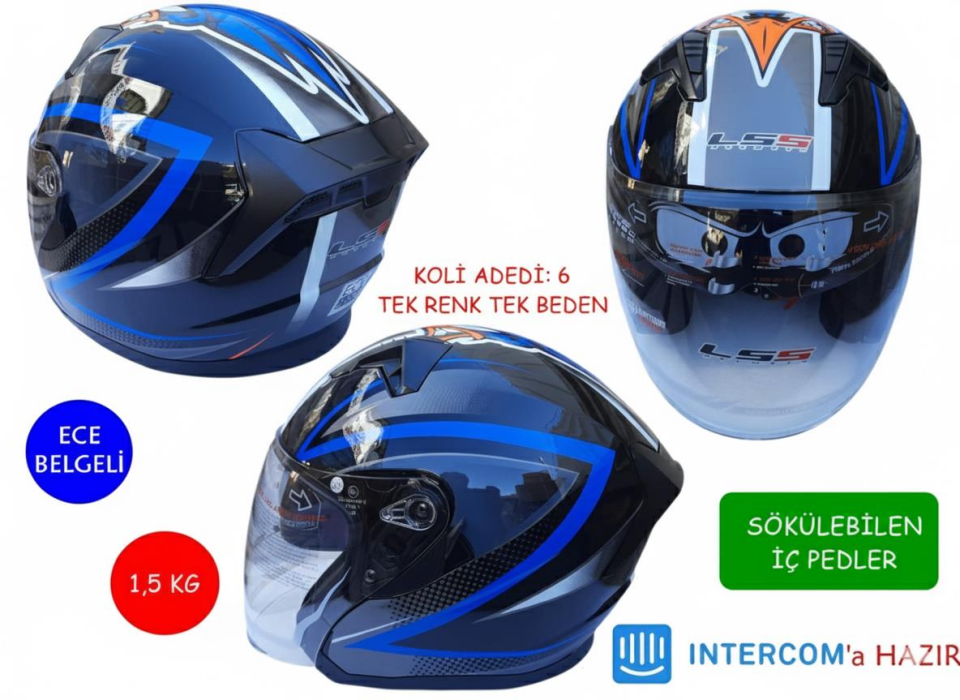 Kask Lss Çenesiz Vizörlü Parlak Siyah (A) Mavi M Beden